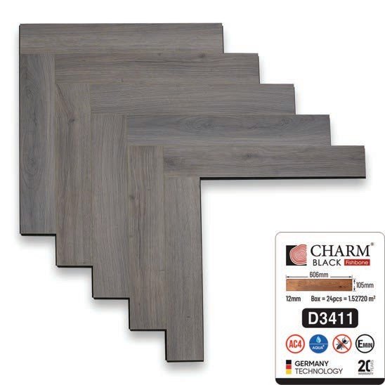 Sàn gỗ Charmwood cốt đen 12mm xương cá mã D3411