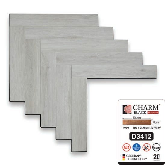 Sàn gỗ Charmwood cốt đen 12mm xương cá mã D3412