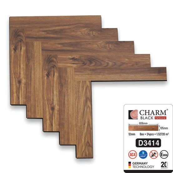Sàn gỗ Charmwood cốt đen 12mm xương cá mã D3414