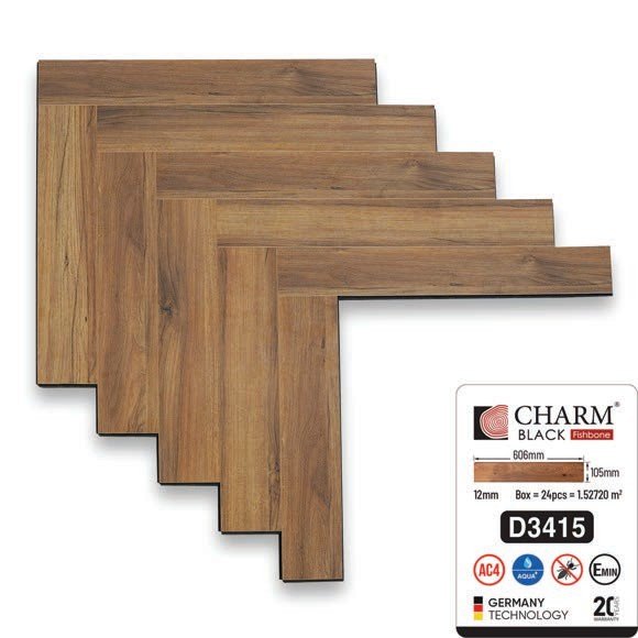 Sàn gỗ Charmwood cốt đen 12mm xương cá mã D3415