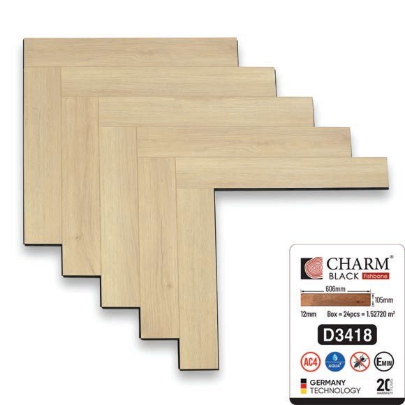 Sàn gỗ Charmwood cốt đen 12mm xương cá mã D3418