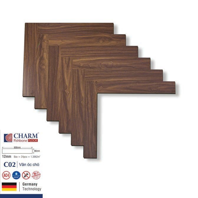 Sàn gỗ Charmwood cốt xanh 12mm xương cá mã CO2