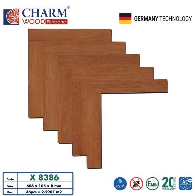 Sàn gỗ Charmwood cốt xanh 8mm xương cá mã X8386